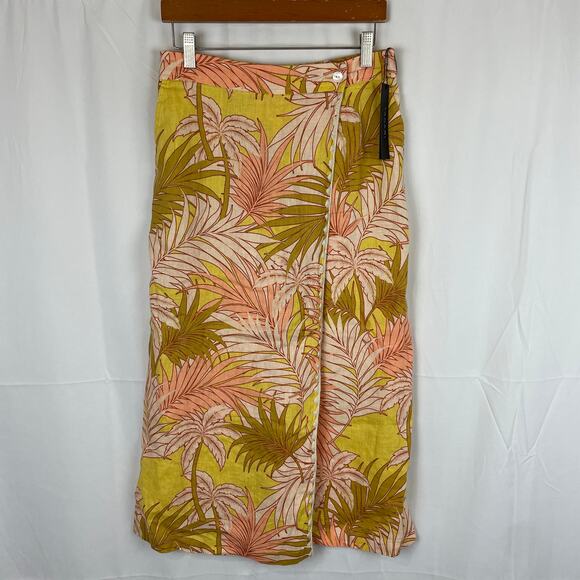 Tahari Dresses & Skirts - Tahari Women's 100% Linen Tropical Yellow/Pink Faux Wrap Skirt Elastic Waist S
